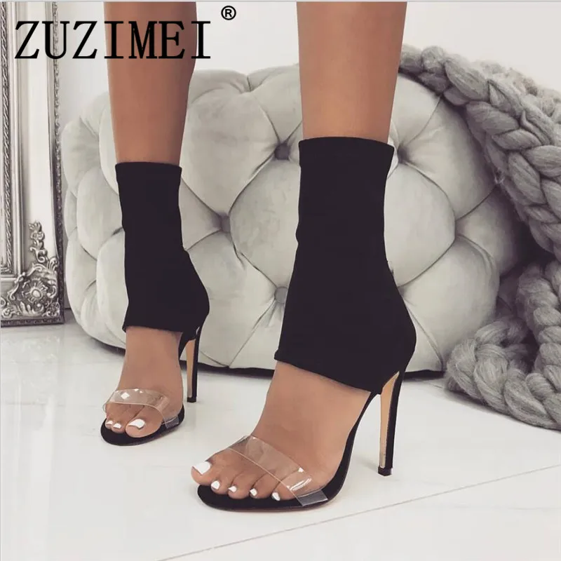 

2019 New Stretch Fabric Women Boots Clear Ankle Stiletto Heels Transparent PVC Cut-out Open Toe Short Boots Sandals size 35-40