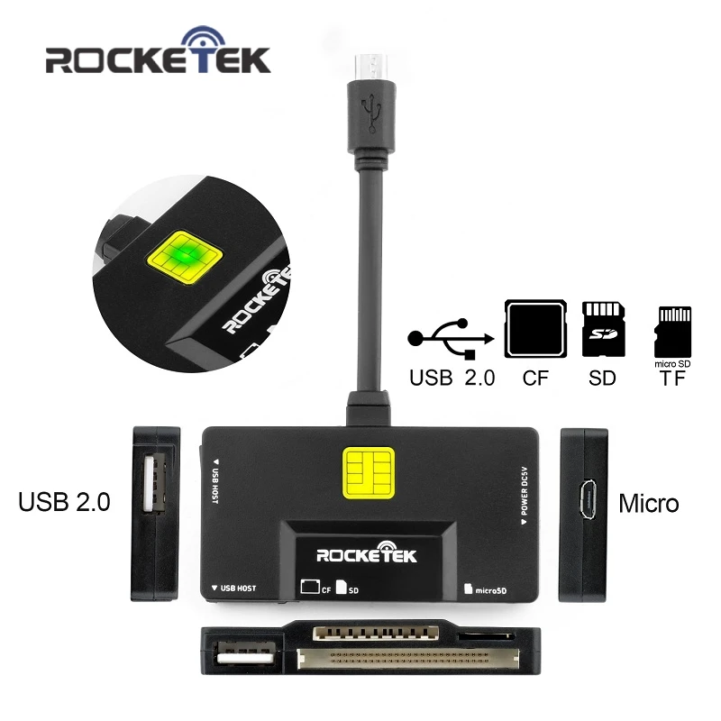 Rocketek micro card reader OTG для устройств Android, Подключение Micro USB, считывает и записывает sd-карты, карты Micro SD и usb-хаб