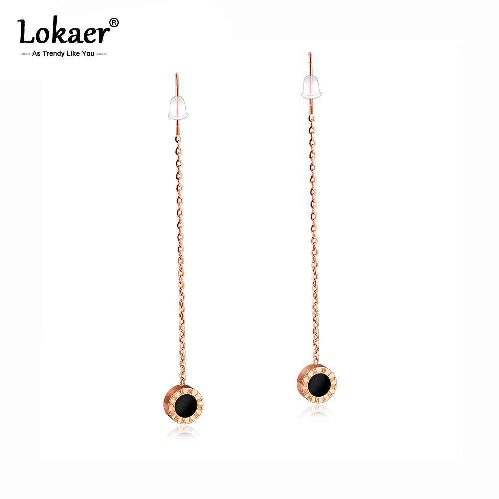 

Lokaer 52mm Long Stainless Steel Shell Chain Circle Dangle Earrings For Women Rose Gold Roman Numerals Design Jewelry OGE350