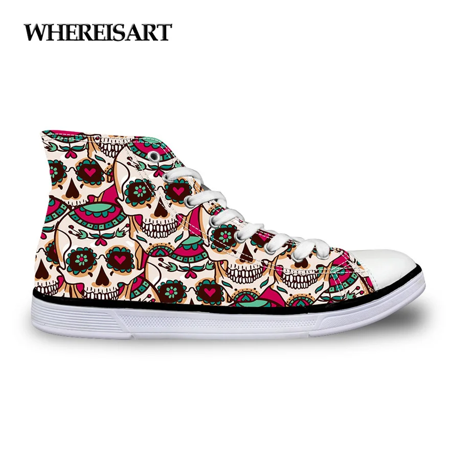 

WHEREISART 2019 Spring Autumn High Top Canvas Shoes Fashion Woman Cartoon Skull Vulcanized Shoes for Female Students Flat Shoes