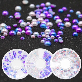 

Gradient Pink Purple White Mixed Size Flat Bottom Semi-circle Nail Art Rhinestone Pearl Bead Decoration Manicure 3D Nail Decor