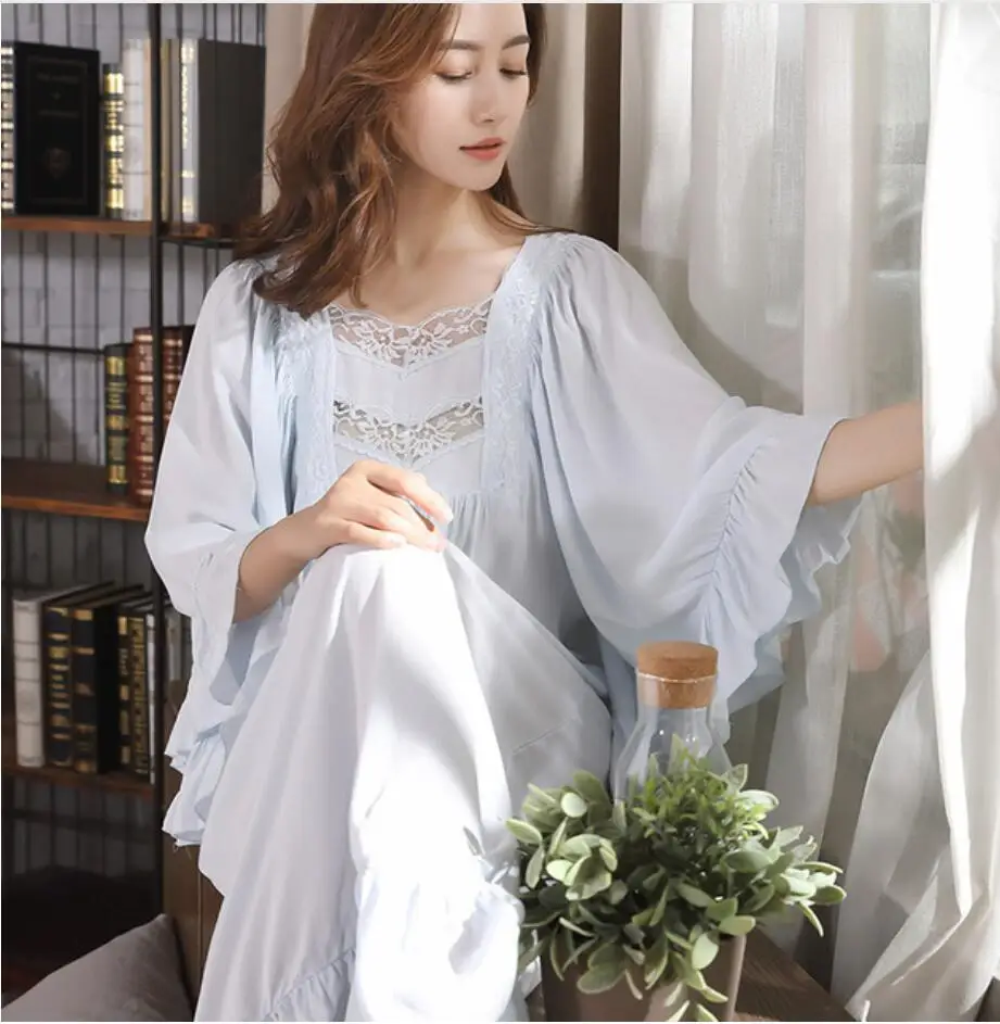 New Pregnant Women Long Night Dress Nightdress Ruffle Sleeve Maternity Shirt Elegant Vintage Shirts Home Dress Pajamas - Цвет: Синий