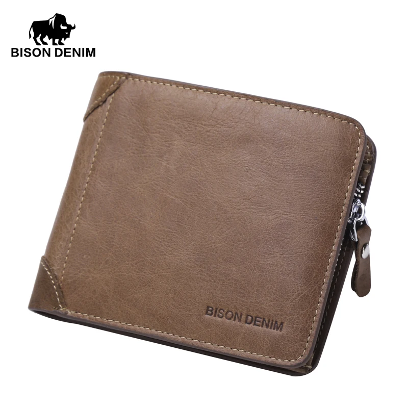 BISON DENIM 2016 New Hot High Quality Genuine Leather Wallet Men Wallets Vintage Organizer Purse Billfold Zipper Coin Pocke