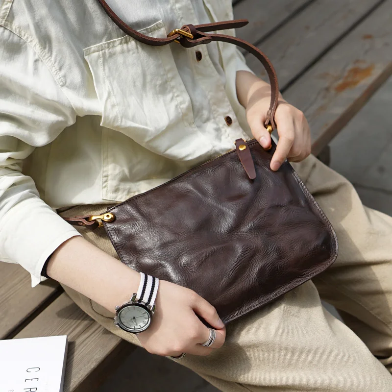AETOO Leather literary fashion retro oblique bag, lady handmade cowhide simple shoulder envelope bag
