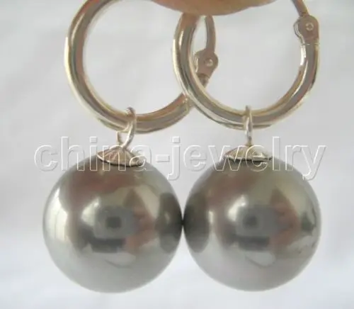 

Free Shipping >>>>925 silver hoop 16mm round gray sea shell pearl earring