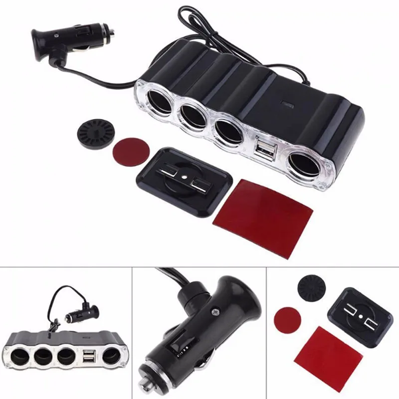 1Pc Dual USB Port 4 Way Car Cigarette Lighter Socket Splitter Charger
