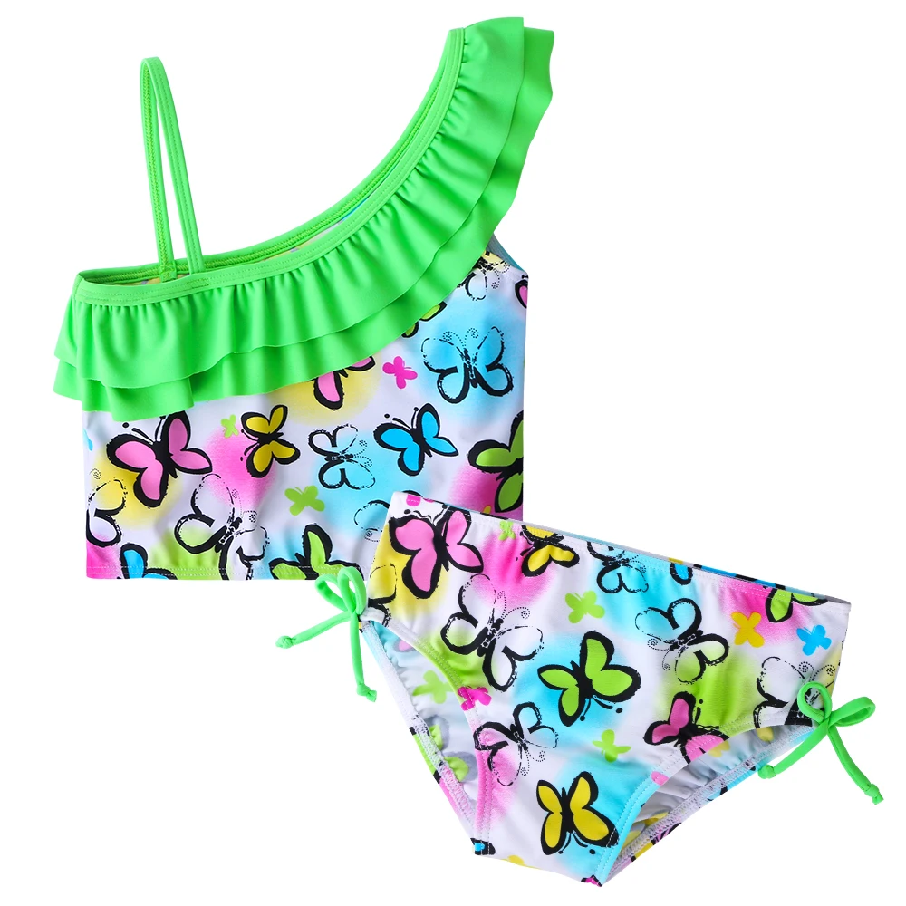 Lovely little Girls 2Pcs Set Beach one off shoulder Swimwear UV SPF 50