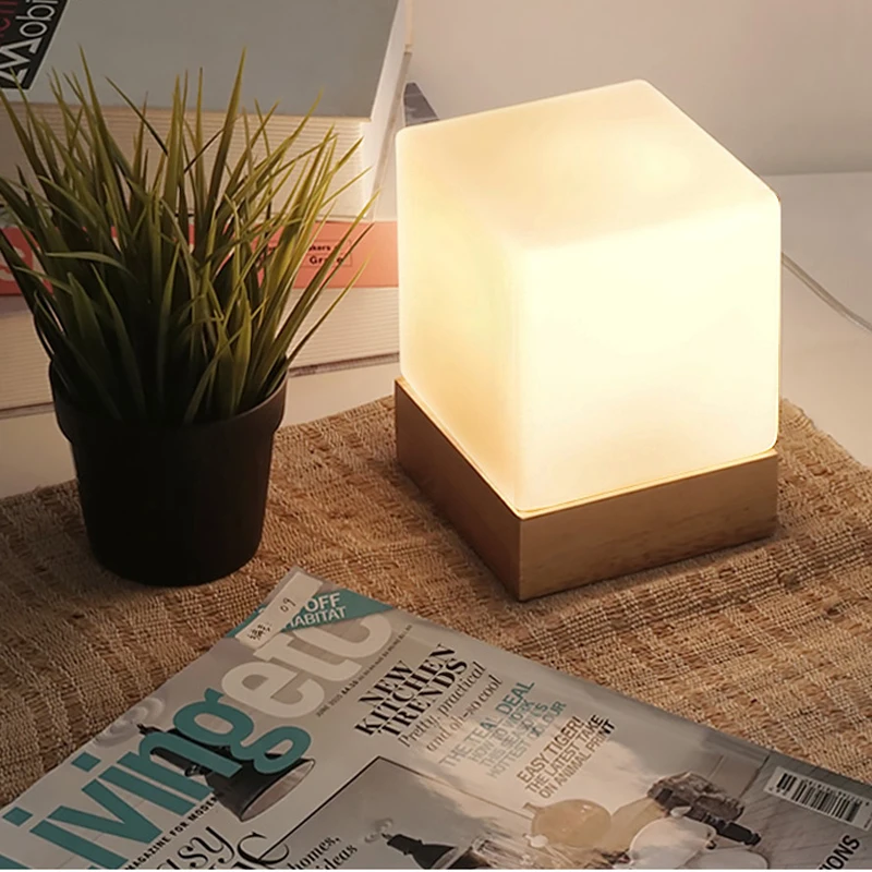 Cubic Frosted Glass Shade Oak Wood Base Desk Light Modern Nordic