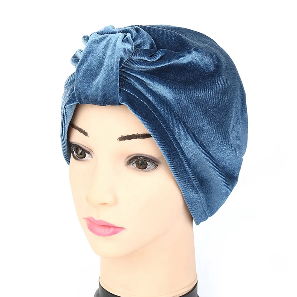 navy blue Зимняя женская шапка из бархата, женская шапка с тюрбаном, однотонная, с раком, шапка Хемо головной убор в индийском стиле мусульманские шляпы, женская шапка с хвостом в африканском стиле - Цвет: navy blue