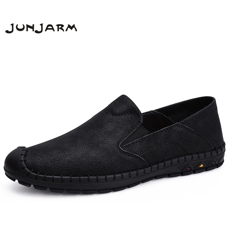

JUNJARM Genuine Leather Men Casual Shoes Brand Mens Loafers Moccasins Breathable Slip On Black Driving Shoes Big Size 46