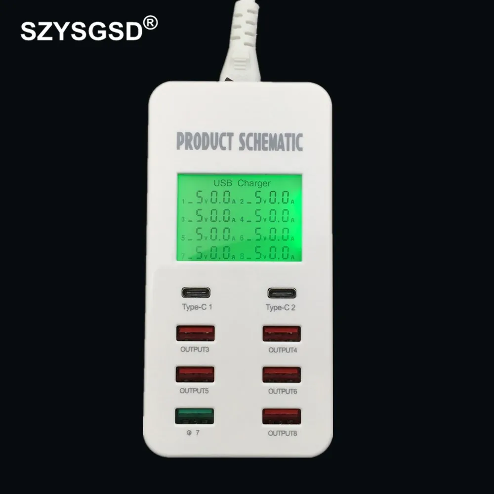 Multi USB Charger with Type C Connector 8 USB Port Travel
