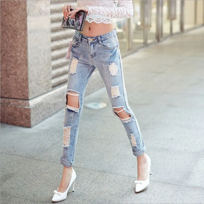 Womens tamaño marca agujero lápiz jeans 2018 otoño nueva Algodón puro roto Jeans Skinny denim lápiz Pantalones señoras|denim pencil pants|hole jeanspencil jeans - AliExpress