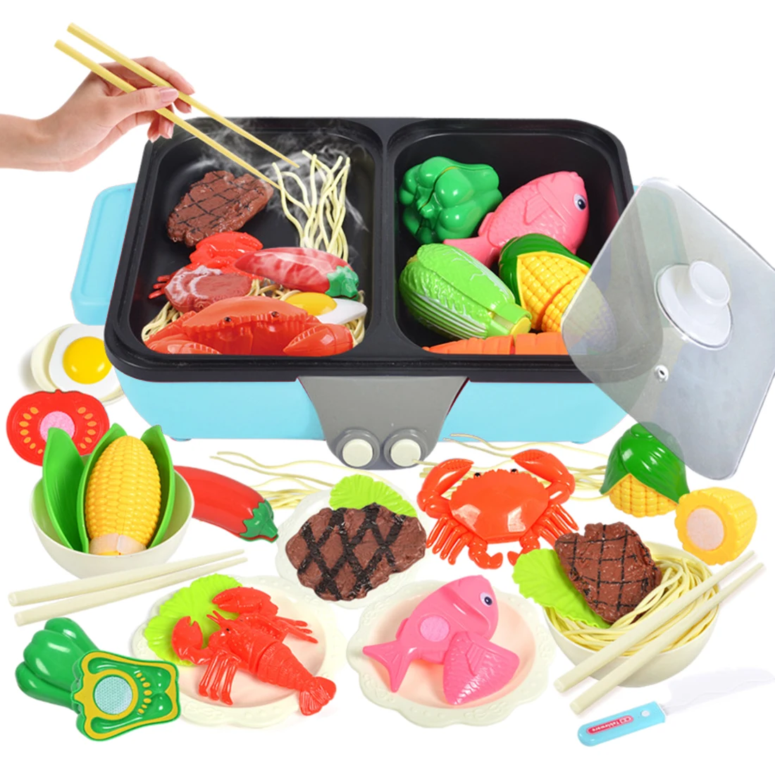 

New 37Pcs/arrival 2-in-1 Pretend Play Toy Kitchen Hot Pot Barbecue Playset Boys Girls Birthday Christmas Gift - Blue/Pink