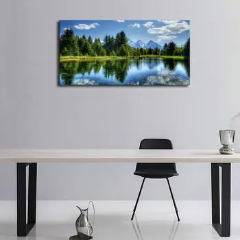

Green Pine Trees Beside Blue Lake Panoramic Snow Mountain Scenery Painting Canvas Wall Are Decor Drop shipping