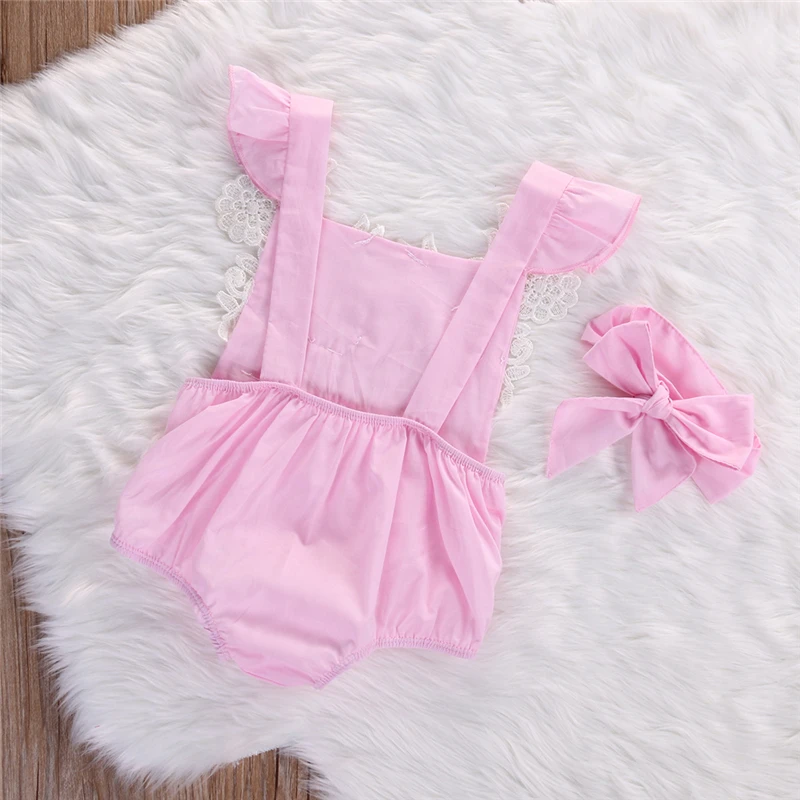 Розовый кружевной комбинезон без спины с цветочным принтом для новорожденных девочек, комплект одежды+ повязка на голову, пляжный костюм для детей от 0 до 18 месяцев
