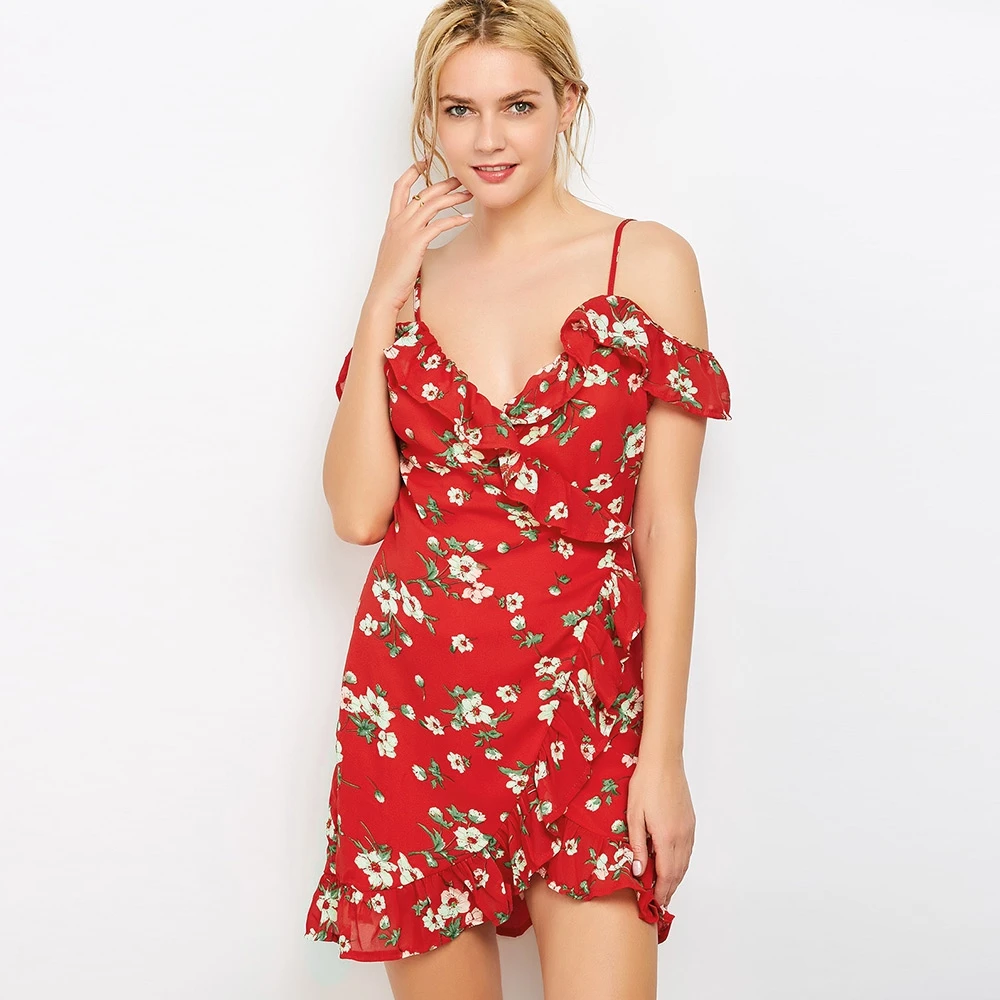 VESTLINDA Floral Print Mini Wrap Dress Red Spaghetti Strap V Neck Party Dresses Ruffles Asymmetrical Mini Vestidos Summer Dress 3