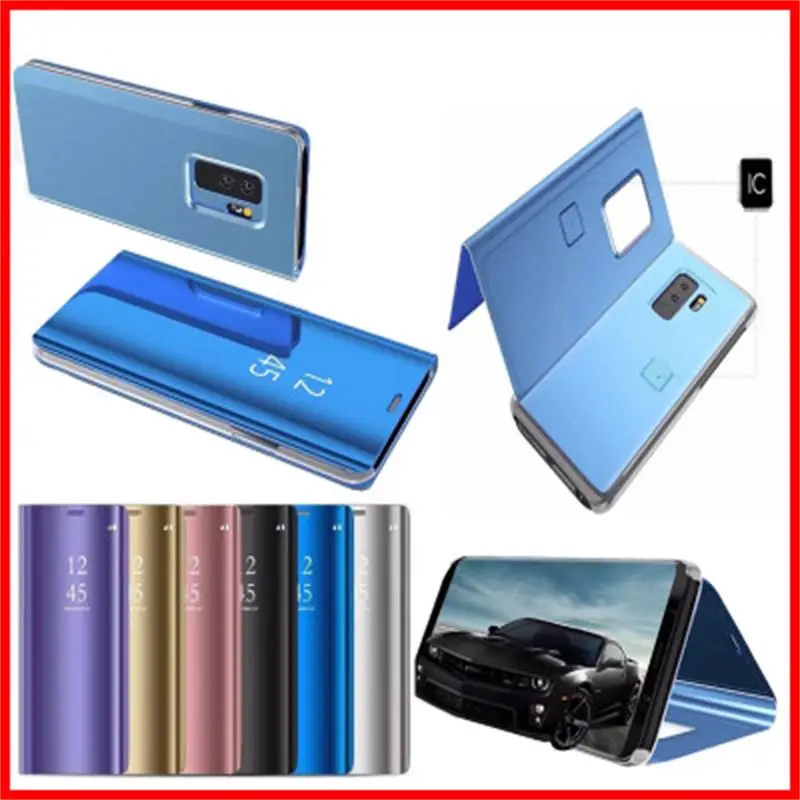 

For Samsung Galaxy S10 S9 S8 Plus S10e Case Plating Mirror Stand Flip Cover PU Intelligent Coque Clear View Smart Case