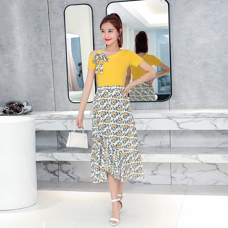 

MingJieBiHuo Fashion women sets new arrival summer korean Office Lady v-neck short sleeve sweet girls set match a print skirt