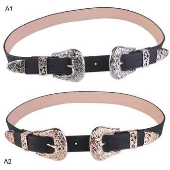 

Women Fashion Adjustable Double Metal Buckle Slim Retro Belt Faux Leather Waistband Ladies Dress Jeans Decoration Accessories