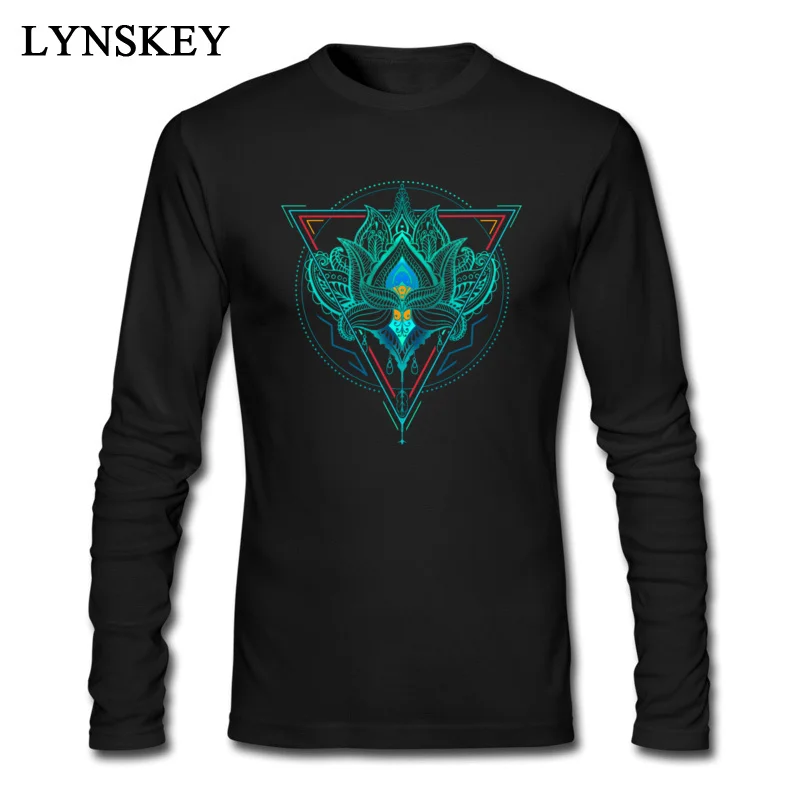 Slim Fit Casual Long Sleeve T Shirt Summer/Fall O-Neck 100% Cotton Tops T Shirt for Adult Printed Sweatshirts Top Quality Lotus The Flower Of Life in Triangle black
