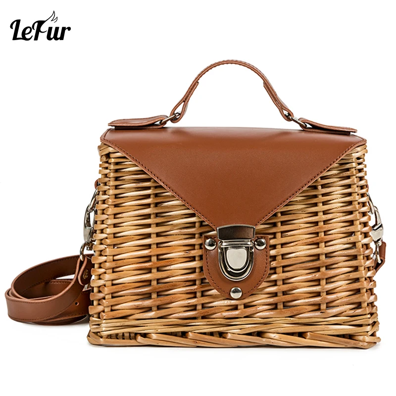 

LEFUR Rattan Bag Handmade Woven Square Shoulder Bag Vintage PU Leather Women's Clutch Handbag Ladies Beach Tote Bolsa Feminina