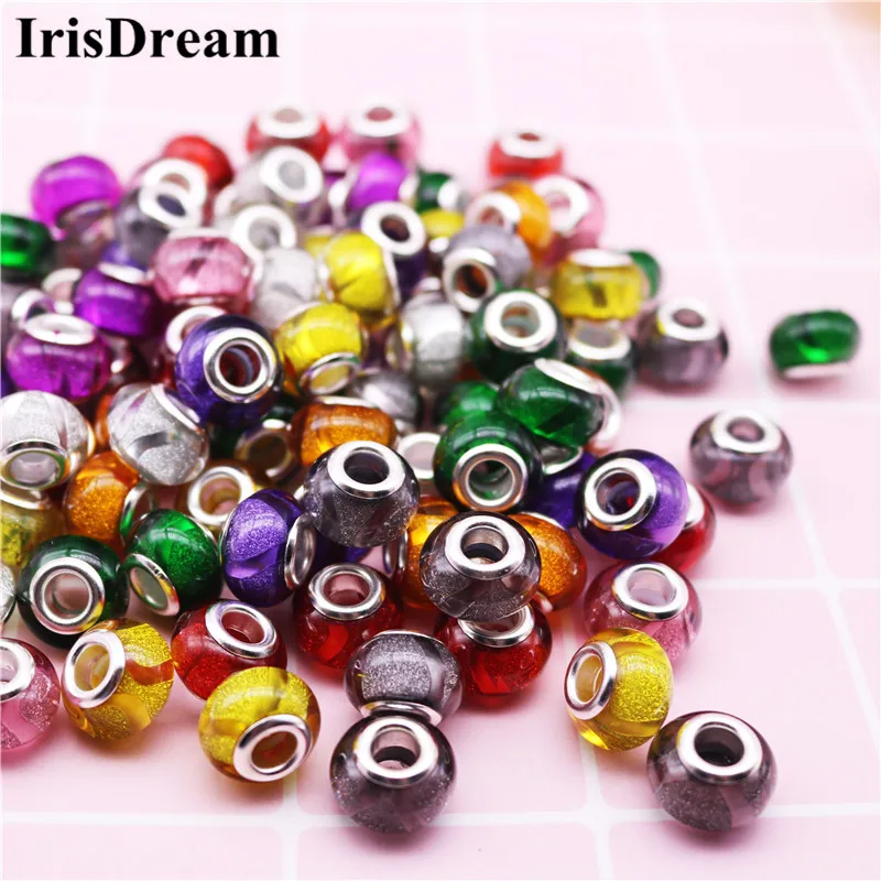 

10Pcs Big Hole 14*8mm Stripe Mixed Gold Powder Murano Plastic Resin Glass Beads Charms Fit DIY Pandora Bracelet For DIY Jewelry