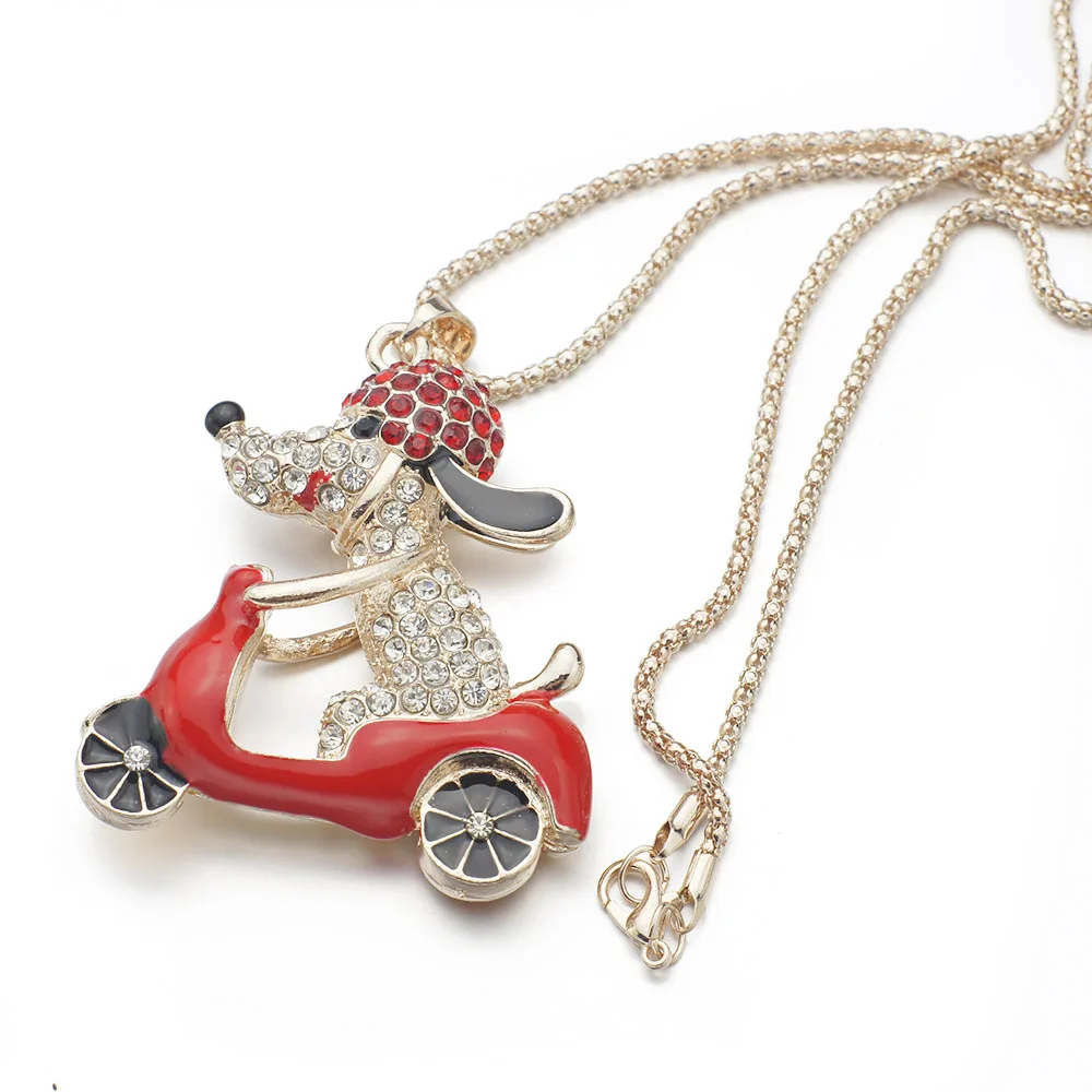 Милая собака Мотоцикл Байкер Кристалл Стразы Длинная цепочка ожерелья подвески для женщин подарок M378