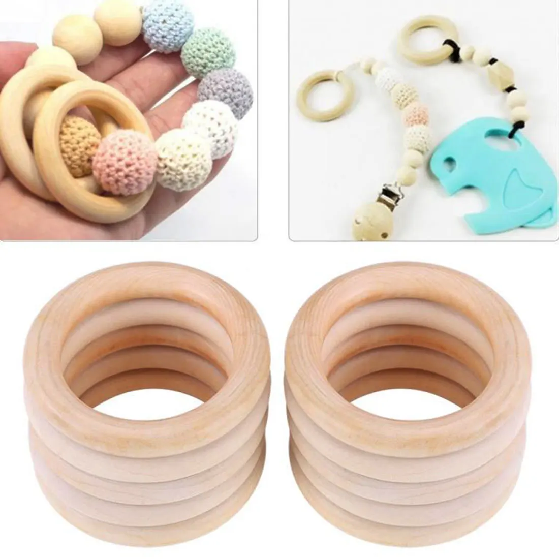 25mm-68mm Natural Wooden Baby Teething Rings Infant Teether Toy Necklace Bracelet For 3-12 Month Infants Tooth Care Products