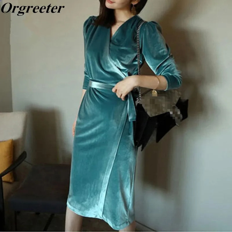 Женское бархатное платье с V образным вырезом длинным рукавом|Платья| |