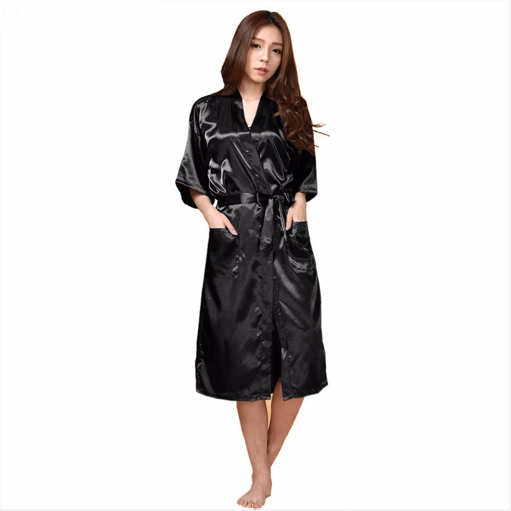 Black Womens Kimono Robe Bathrobe Sleepwear Female Faux Silk Bath Gown