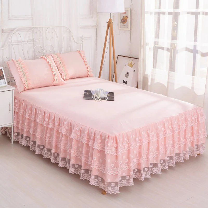 Pink Bed Skirt Set Bedspread with Pillowcases Lace Bed Skirt with