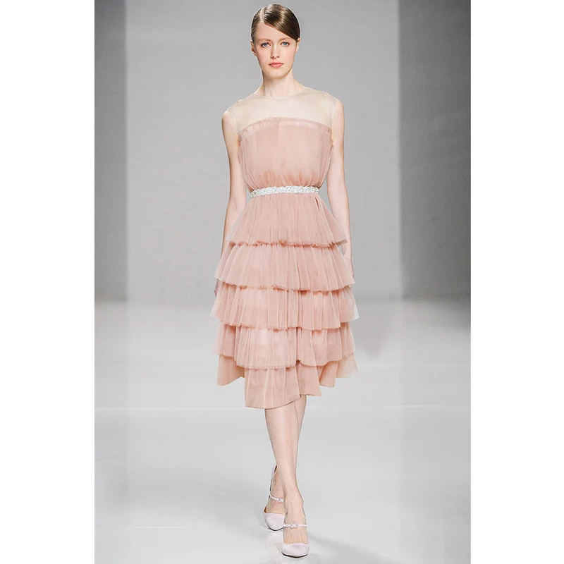 

runway summer woman pink party dress beaded waistline round neck sleeveless multi-layer midi dress tulle gown free shipping