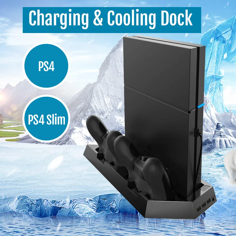 

PS4/PS4 Slim Vertical Stands with Cooling Fan For SONY PlayStation 4 Dual Controller Charging Station Cooler Dock