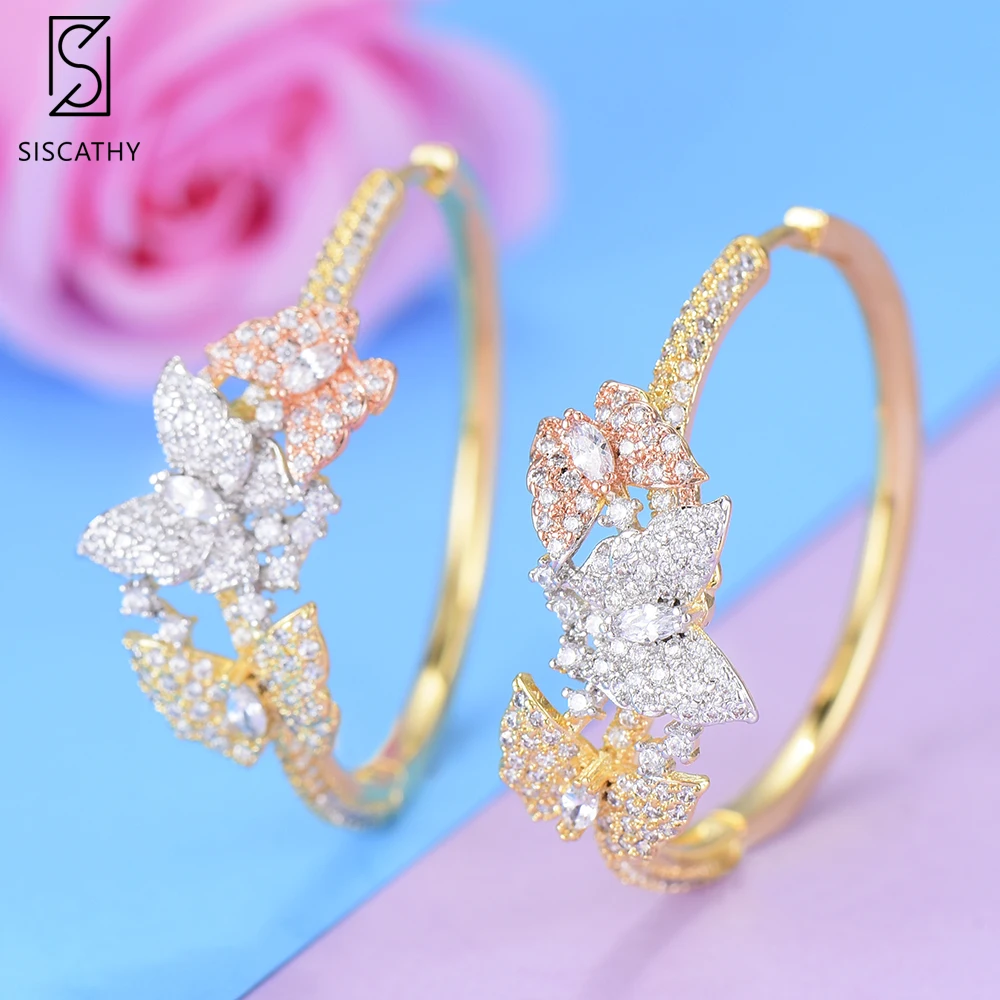 SisCathy Trendy Butterfly Big Hoop Earrings Cubic Zircon Statement Wedding DUBAI Bridal Round Circle For Women | Украшения и