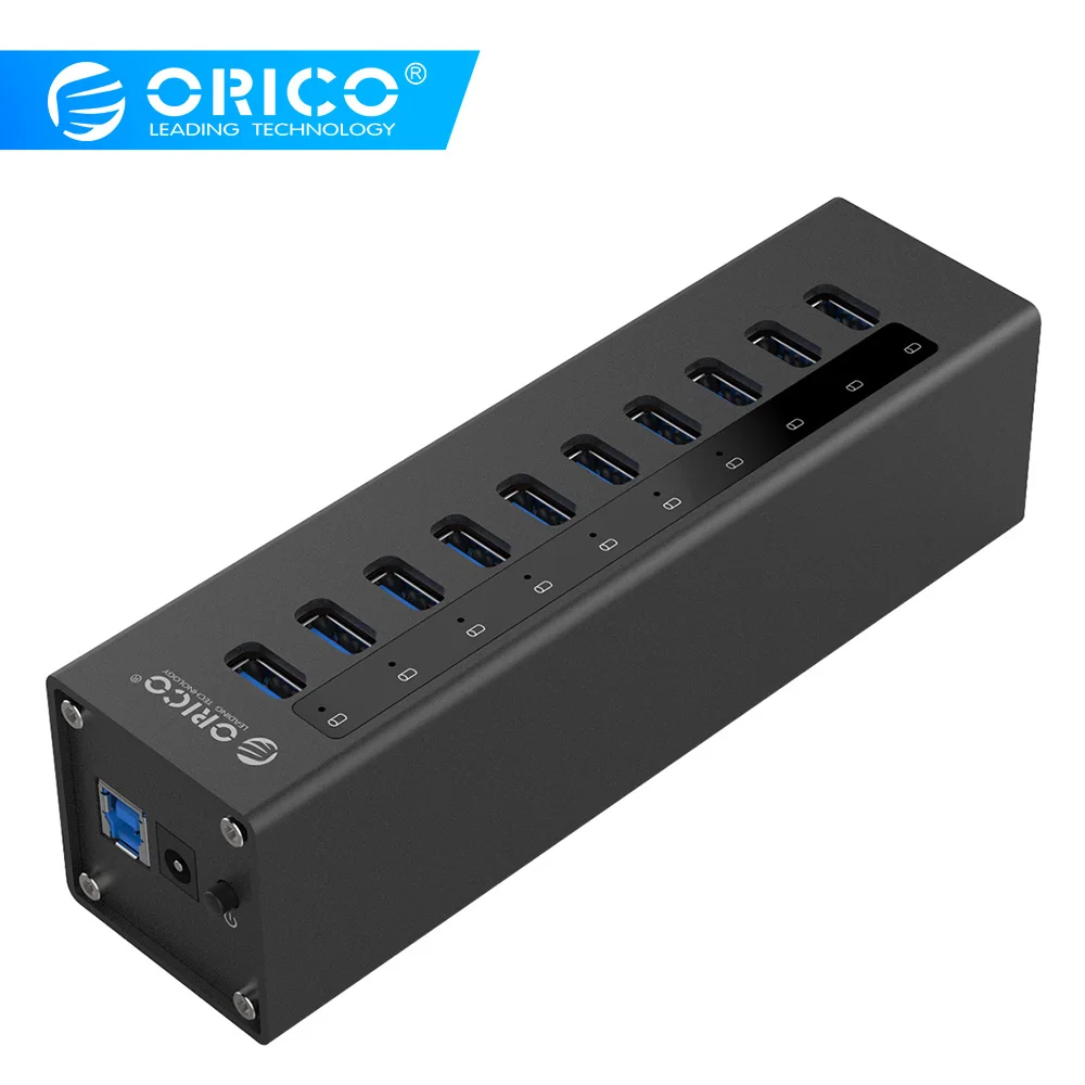 ORICO A3H10-BK Алюминиевый Супер Скоростной 10 портовый USB3.0 концентратор сплиттер с адаптером питания-черный