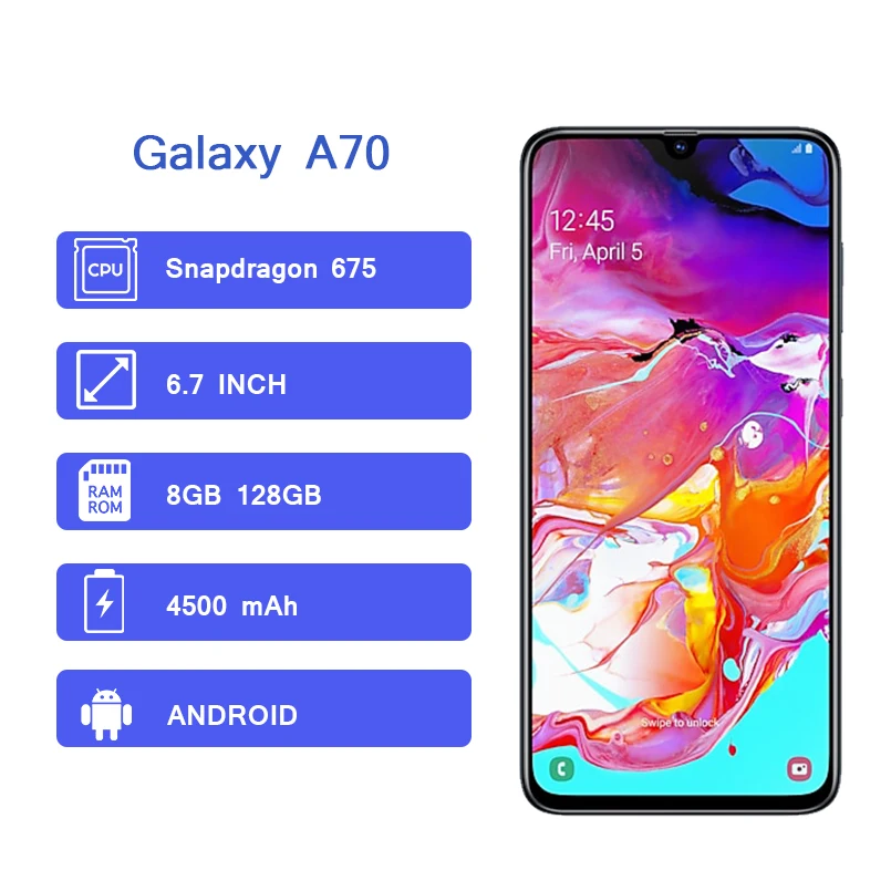 Мобильный телефон samsung Galaxy A70 на весь экран 6,7 дюймов 8 Гб 128 ГБ Восьмиядерный 4500 мАч супер быстрая зарядка 4G мобильный телефон