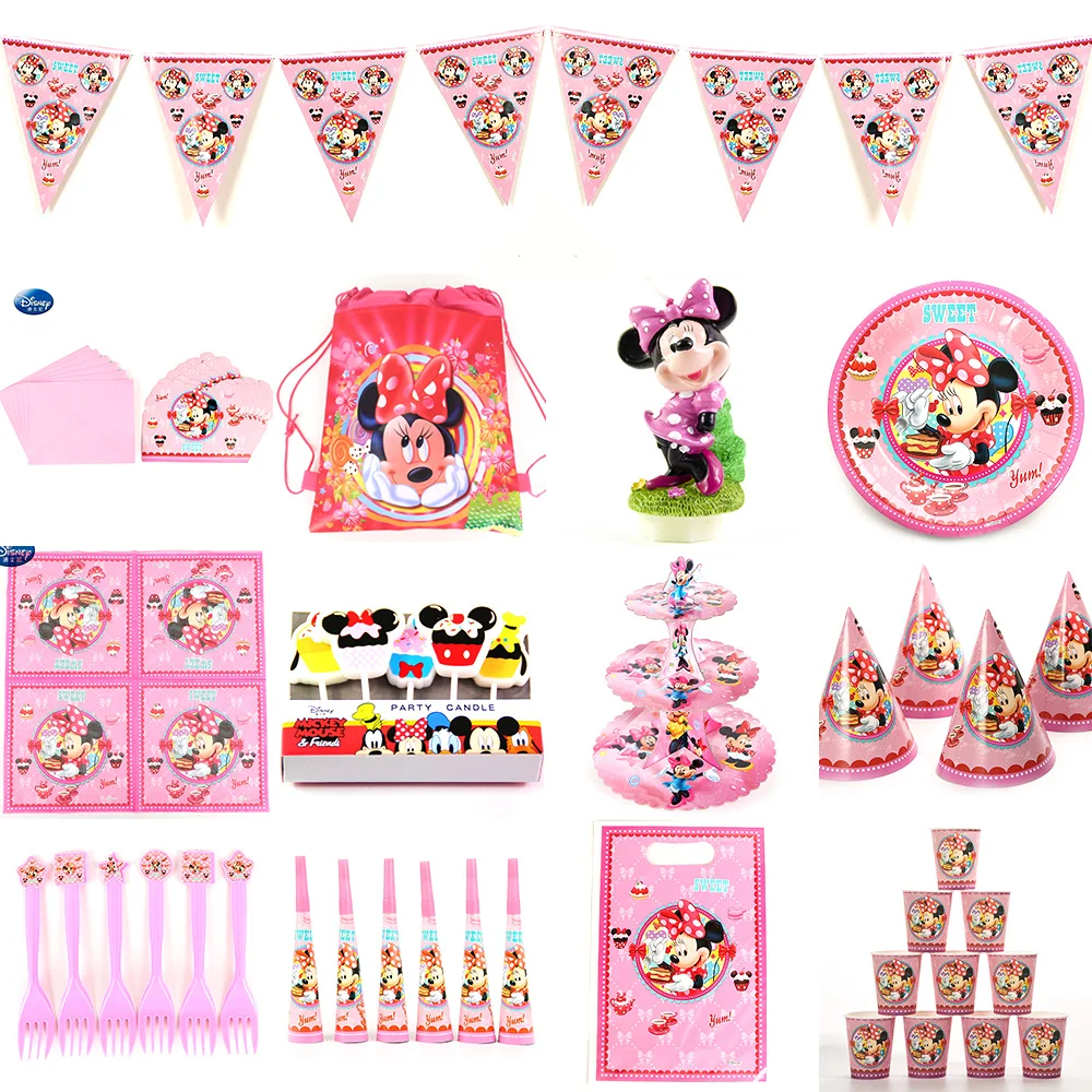 

Disney Minnie Mouse kids birthday party supplies party decoration sets paper garland plates cups baby shower supplies