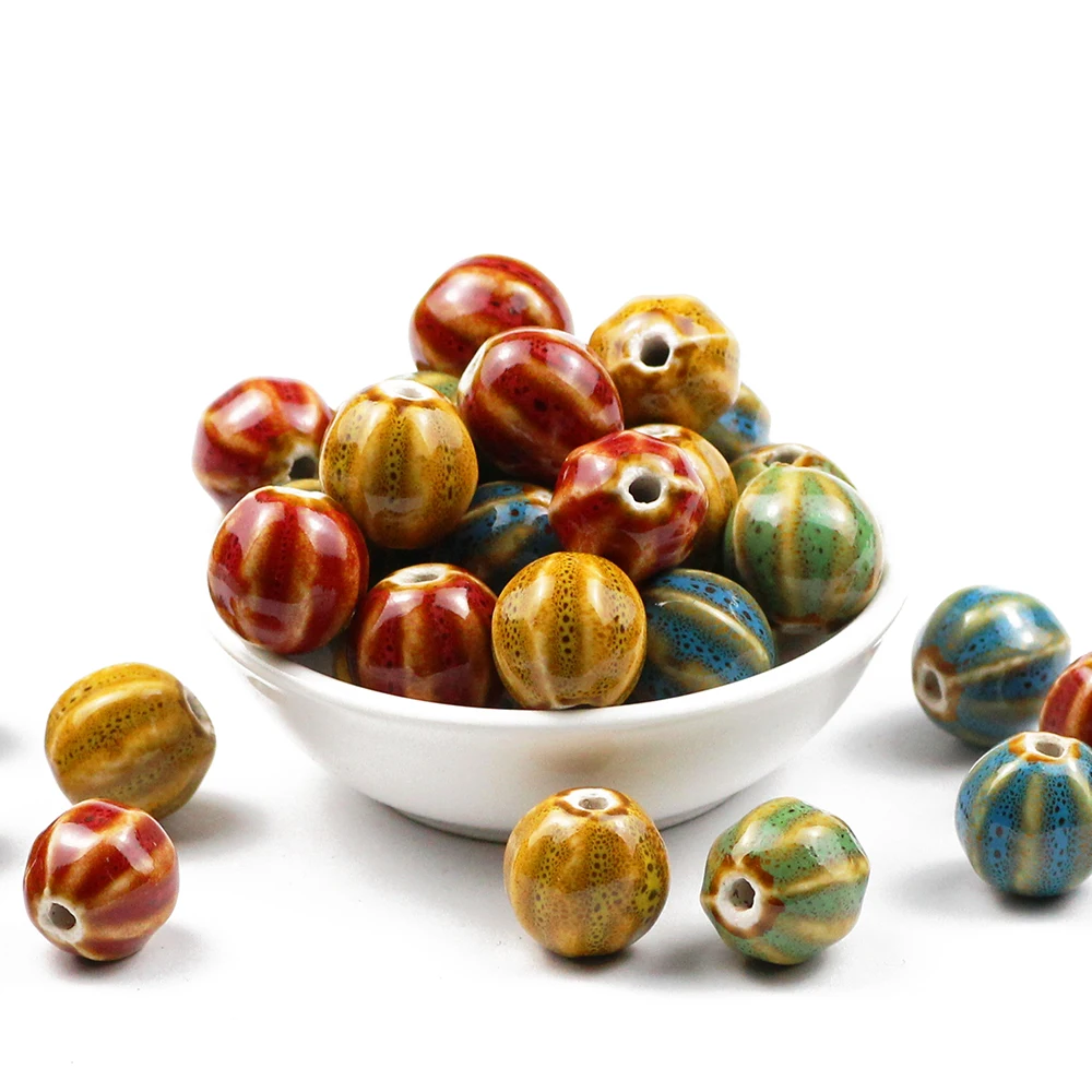 

JHNBY 10pcs Chinese Watermelon ceramic beads 16MM Round Porcelain Loose beads for Jewelry bracelets pendants making DIY Finding