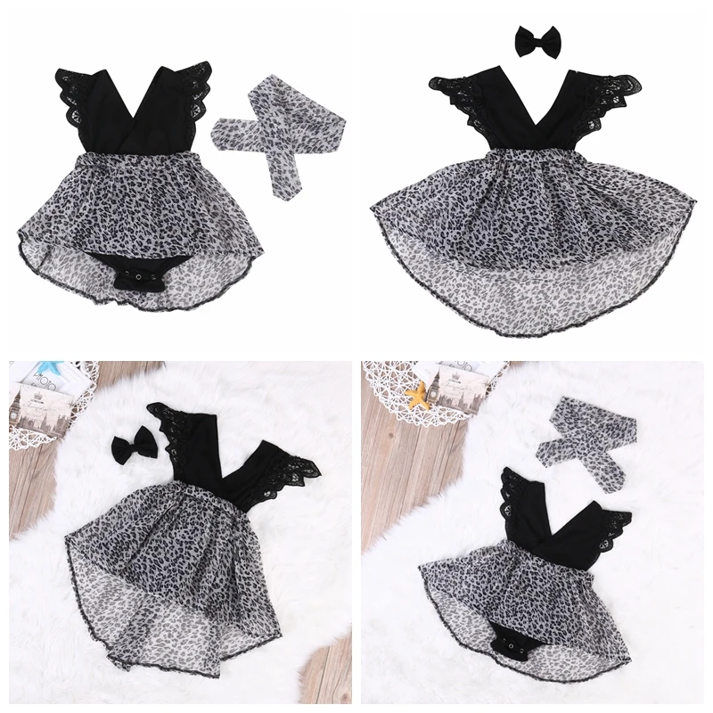 

Casual Baby Girls Kid Black Lace Sleeveless Leopard Print Romper Dress Party Pageant Tutu Dresses Headband 0-7Y