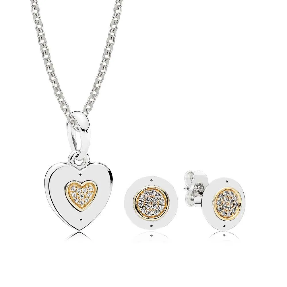 

BEST 100% 925 Sterling Silver 14K gold color Signature Necklace and Earring Set fit charm Necklace jewelry A Set