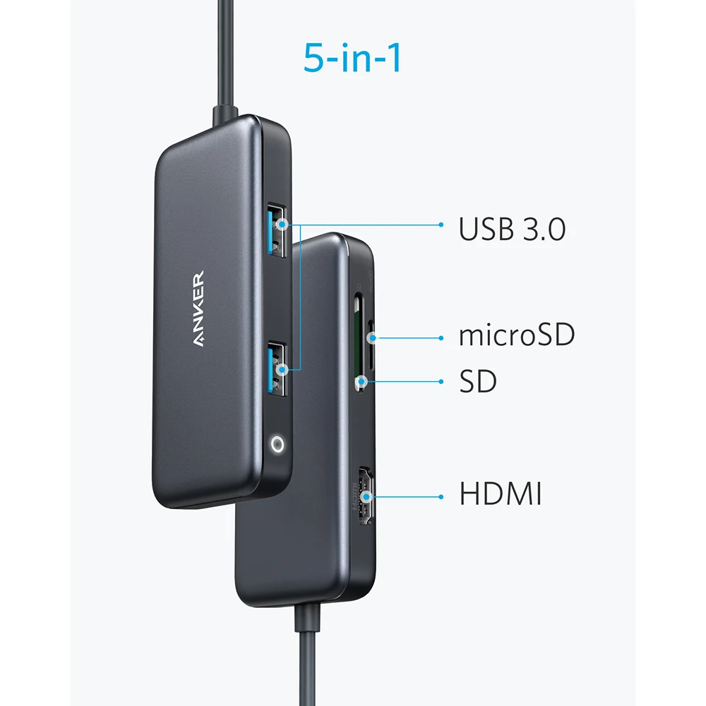 Anker USB C концентратор USB, 5 в 1 взаимный обмен данными между компьютером и периферийными устройствами с адаптером и 4K кабель-Переходник USB C на HDMI, светодиодный дисплей, SD/TF Card Reader устройство чтения карт, с 2 портами(стандарт 3,0 Порты для MacBook Pro, Chromebook и многое другое