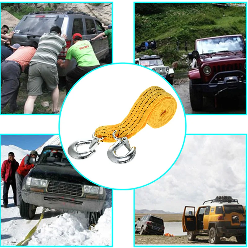 2pcs 5m Car Towing Rope Cable Tow Strap With Hooks For Rescue Stuck Or
