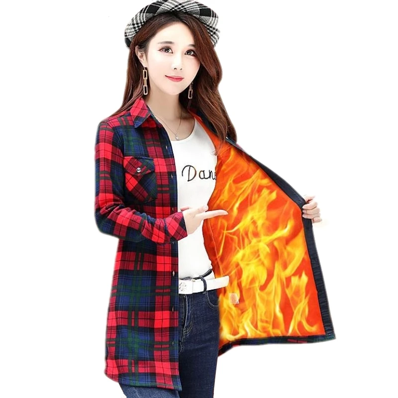 Plaid Shirt Tops Blouses Velvet Blusa Winter Women Autumn Cotton Long-Sleeve Femininas