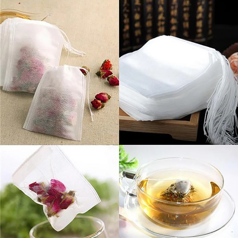 

Hot Sale 100 Piece / Lot 5.5x7 CM Empty Tea Bags Tea Infuser With A Rope Healing Paper Label Grass Filter Drops Tea Accessories
