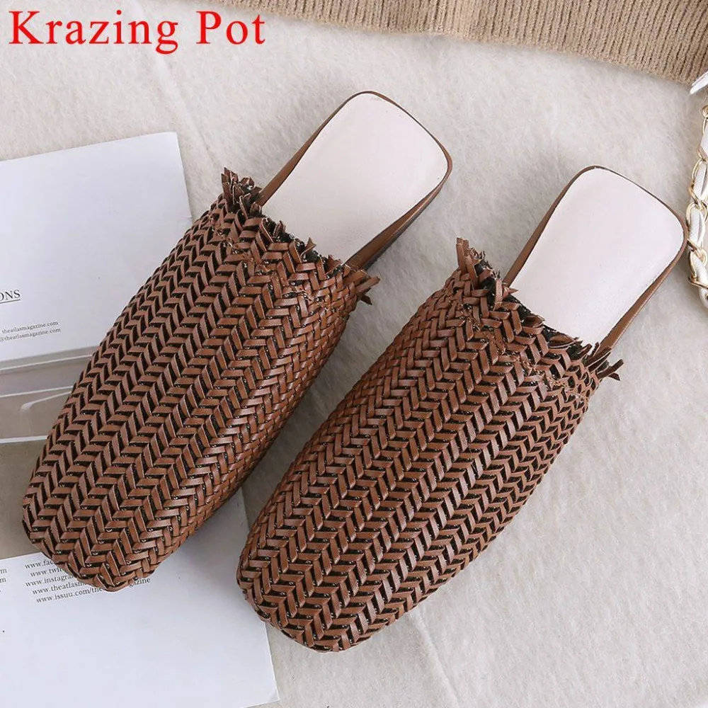 

Krazing Pot hot selling vintage country style square toe slip on mules pretty girls large size slippers straw design shoes L19