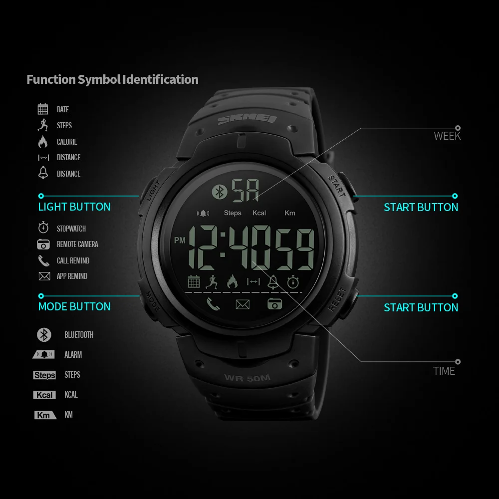 SKMEI Fashion Smart Watch Men Calorie Pedometer Bluetooth Watches Remote Camera Waterproof Wristwatches Clock Relogio Masculino