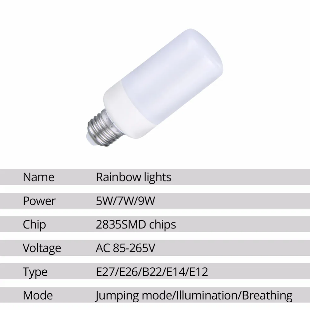 E27 динамический эффект пламени красочные светодиодные лампы 5 Вт 7 Вт 9 Вт 85-265V 2835 3 режима светодиодный пламенная лампа Raninbow светильник E14 E26 E12 B22 пламени светильник