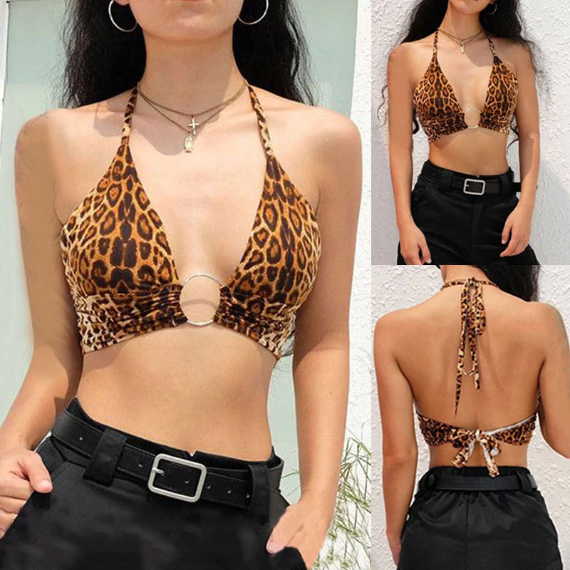 Women Sexy Crop Tops Woman Fashion Spaghetti Strap Night Club Party Crop Top Bra Leopard Printed Halter Neck Bra Backless Vest