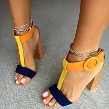 Orange and Navy T Strap Women Sandals Chunky Heels Ankle Buckle Strap Peep Toe Women Square Heels Sandals Summer Dress Shoes sestito woman fashion silk peep toe ankle strap sandals ladies mixed color high heels sandals buckle strap dress runway shoes