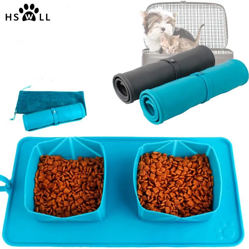 HSWLL New pet folding double bowl velvet bag dog bowl easy to carry pet